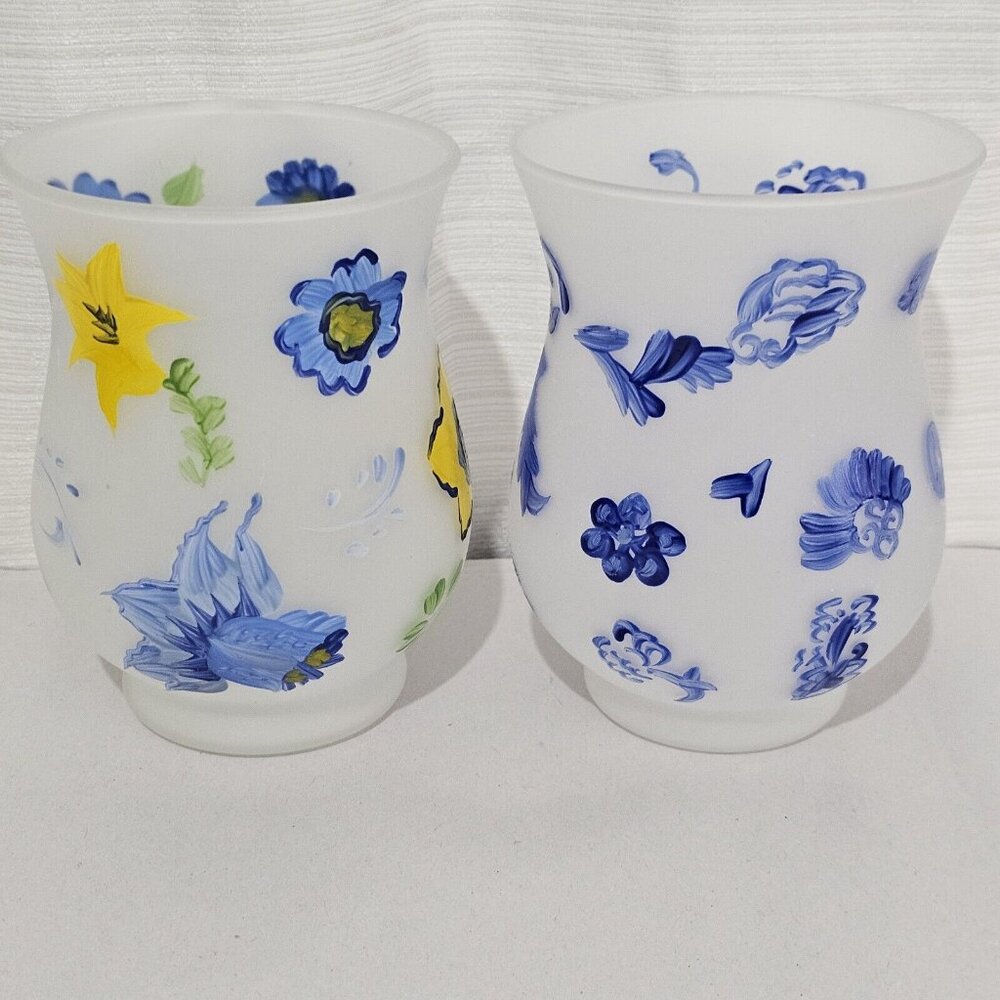 2 Hallmark Handpainted Hurricane Candle Holders 5" includes votives blue yellow - Picture 7 of 7